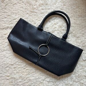 Black Leather Structured Ring-Accent Tote Bag